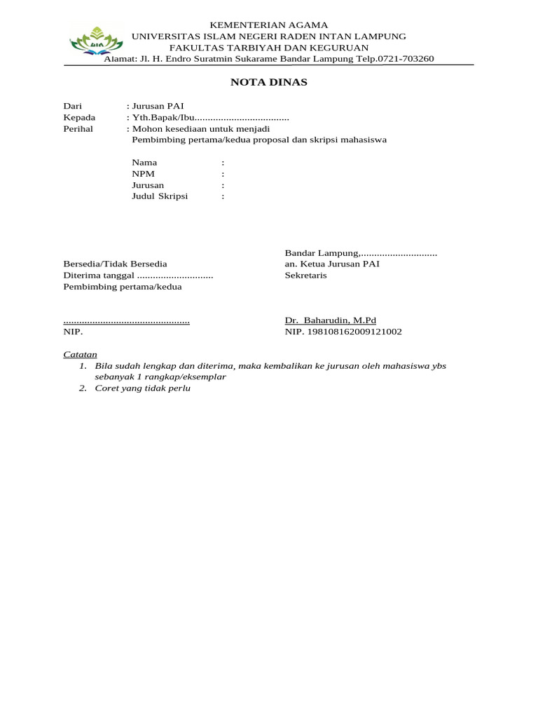 Nota Dinas Judul Skripsi | PDF