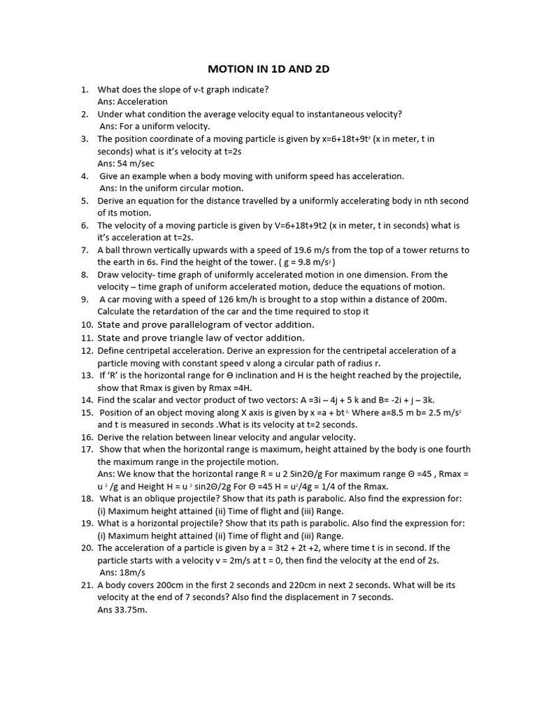 MOTION in 1D and 2D Revision | PDF