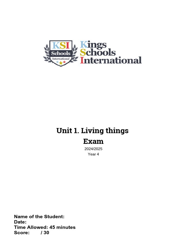 Unit 1. Living Things Exam 20242025 Year 4 Name of The Student Date ...
