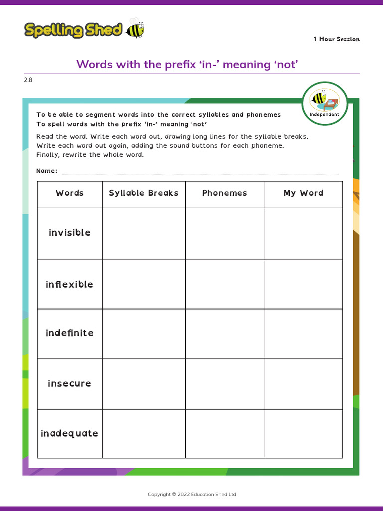Spelling shed 2022 stage 4 lesson 2 words with the prefix in