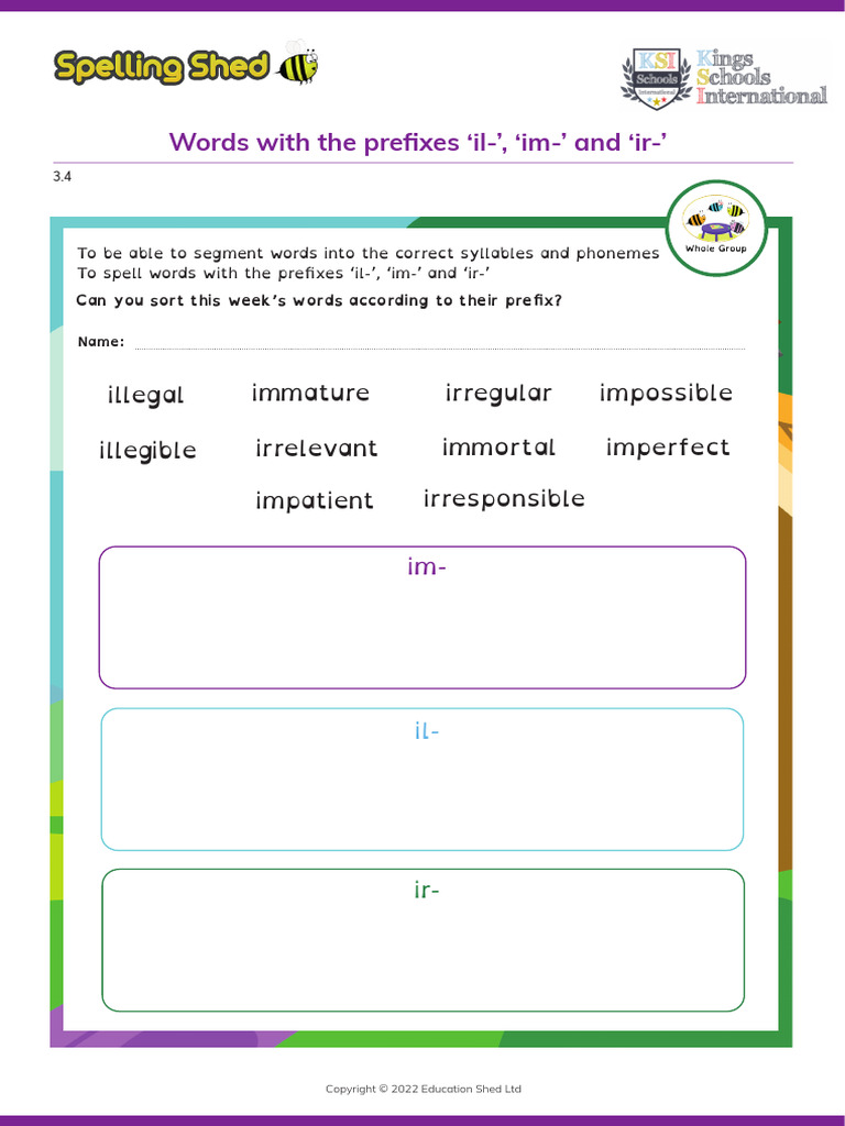 Stage 4 Lesson 3 Words With The Prefixes Il - Im - and Ir - Worksheets ...