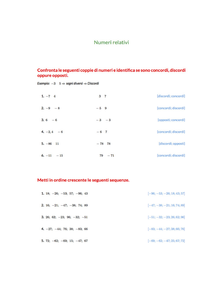 Esercizi Numeri Relativi | PDF