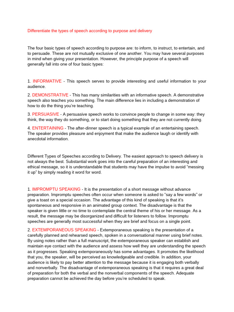 Differentiate The Types of Speech According To Purpose and Delivery | PDF