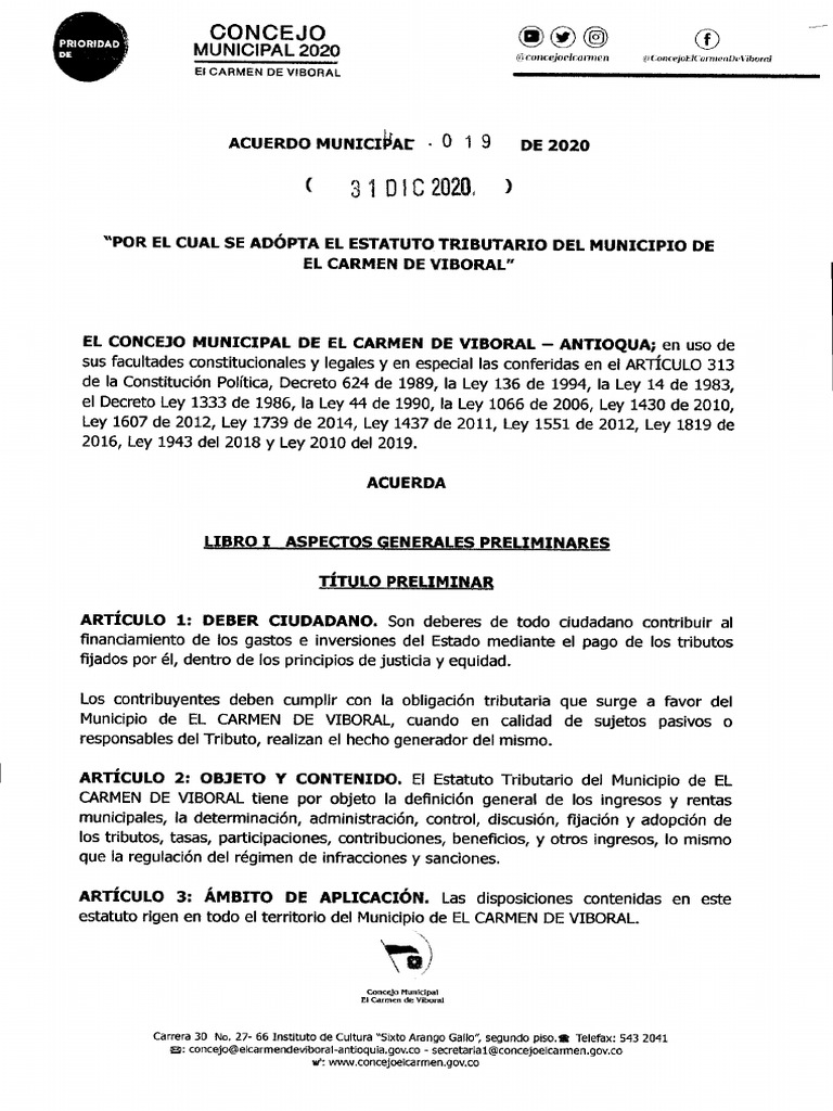 Estatuto de Rentas Acuerdo 019 2020 Carmen de Viboral | PDF