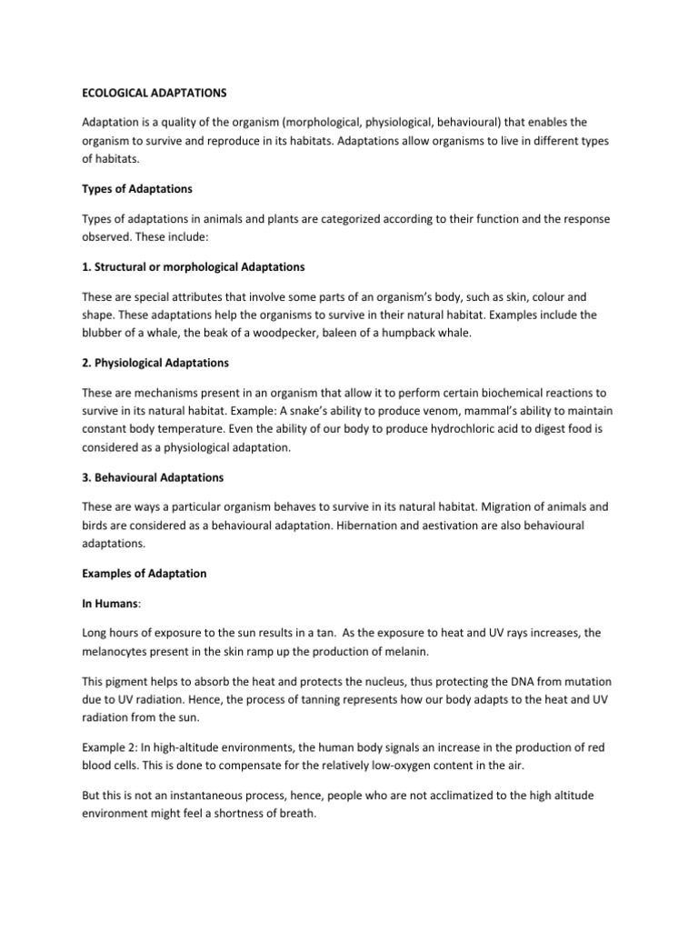 BIO 101 Note On Ecological Adaptations | PDF