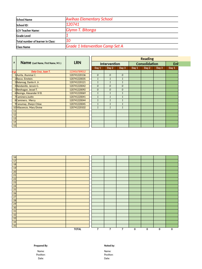 NLC Attendance Elementary Class Week 1 | PDF