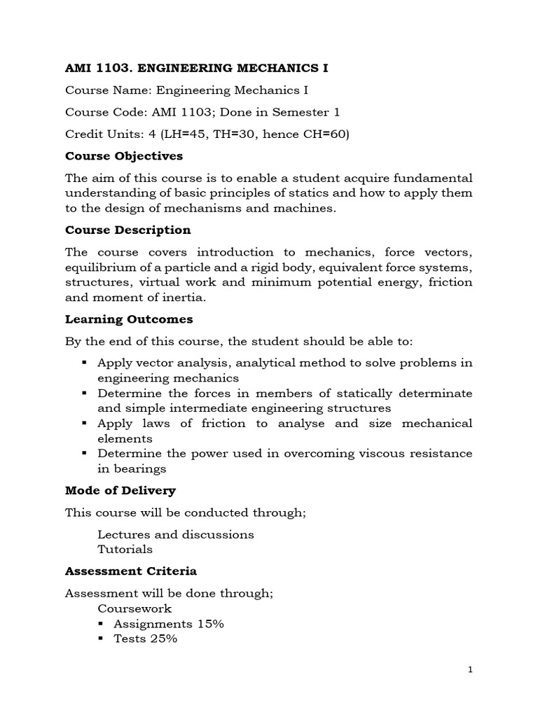 Eng Mechanics I Notes 1 - 055439 | PDF