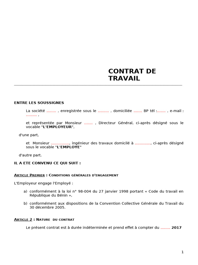 CONTRAT DE TRAVAIL TYPE | PDF