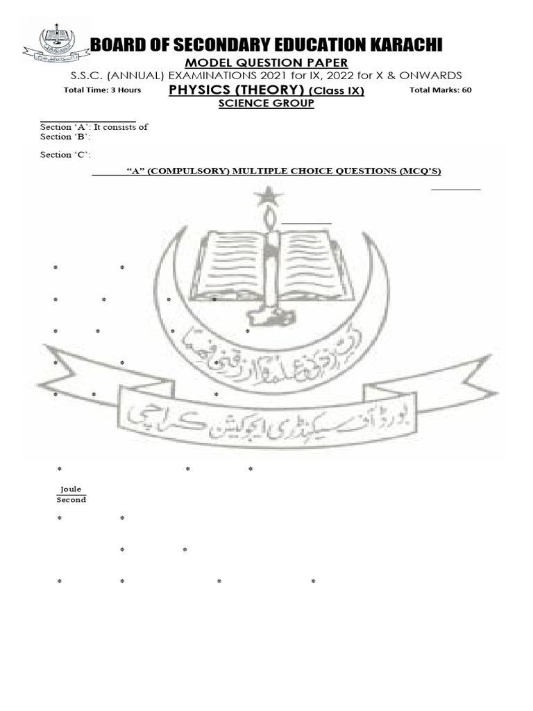 Class 9 Physics Model Paper 2021 | PDF | Force | Velocity