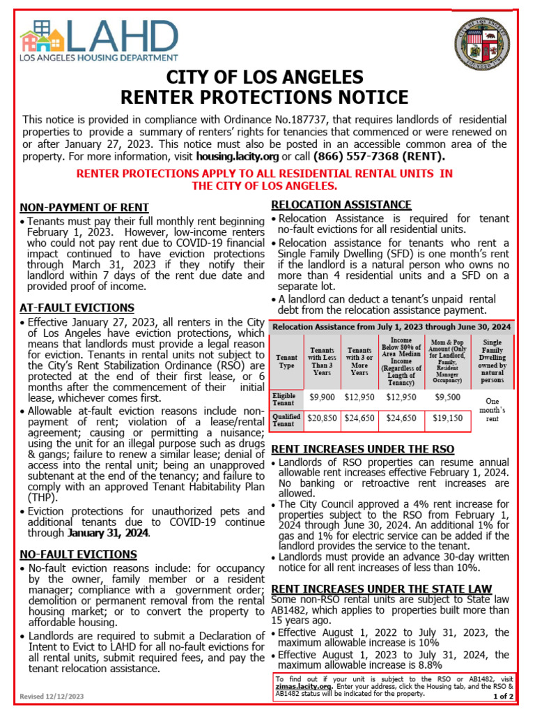 1 form city of los angeles renters protections notice with