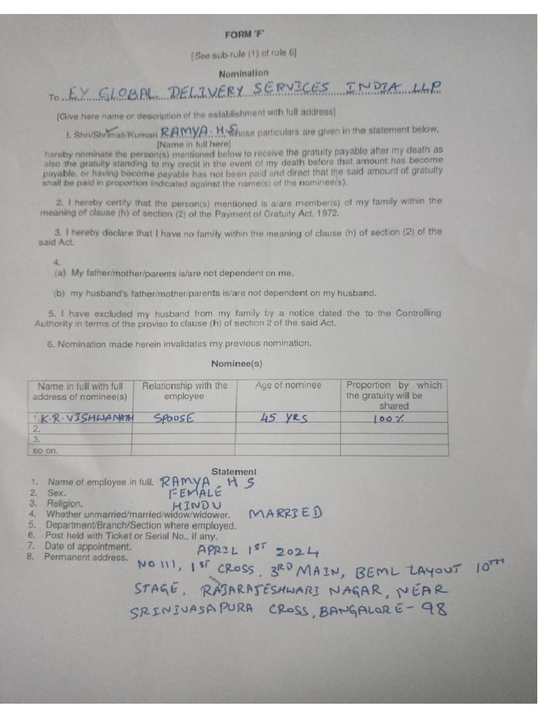 IN010S00646 - 1127690 - Gratuity Form - Form F | PDF