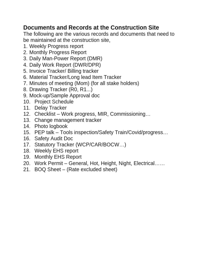 Documents And Records At The Construction Site Pdf