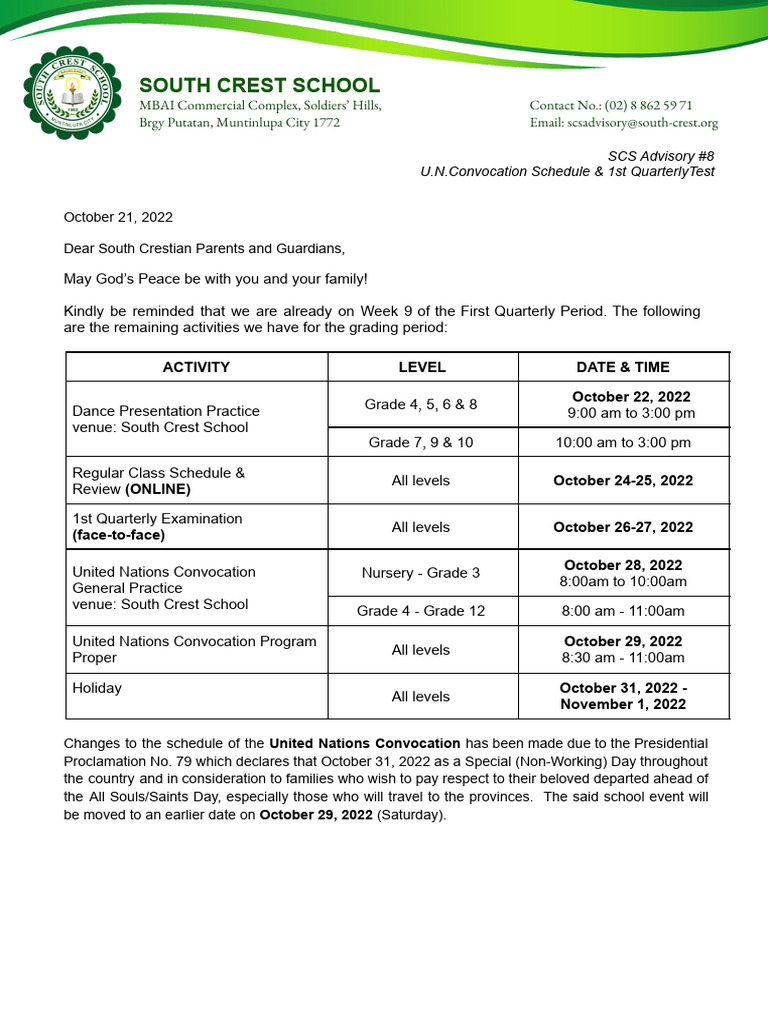 SCS Advisory 8 U.N.Convocation Schedule 1st QuarterlyTest Grade 7 10 | PDF