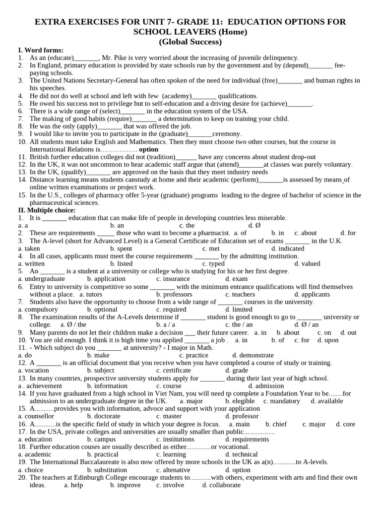 EXTRA EXERCISES FOR UNIT 7 G 11 Education Options For School Leavers | PDF