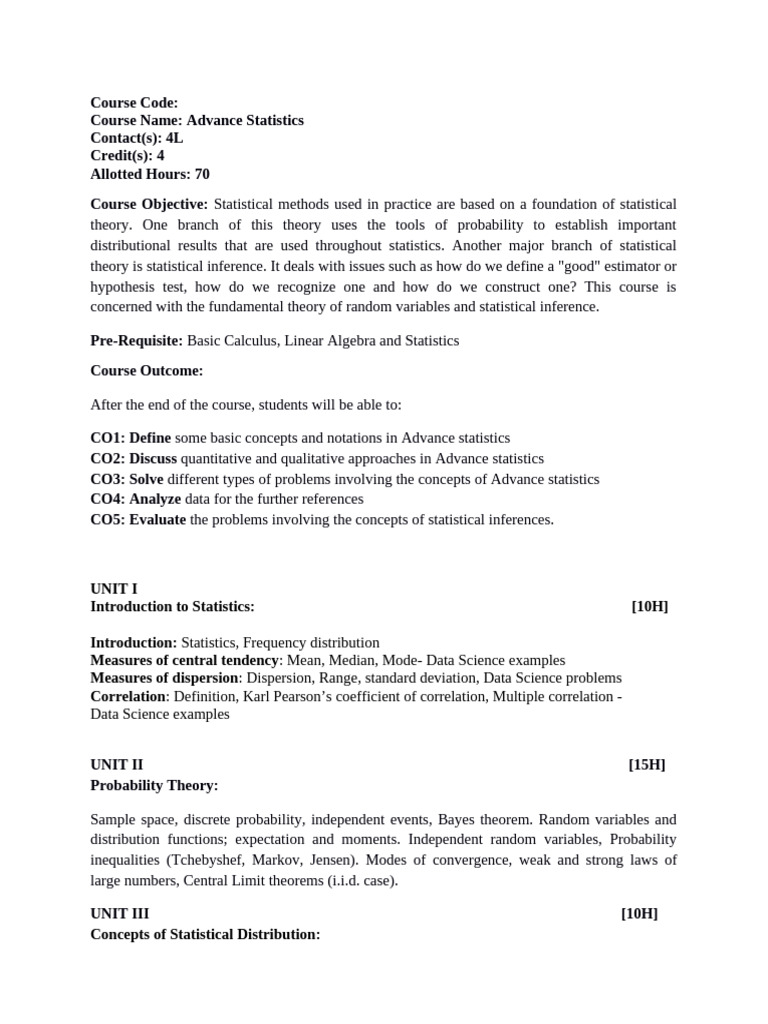 Advance Statistics Sllabus | PDF
