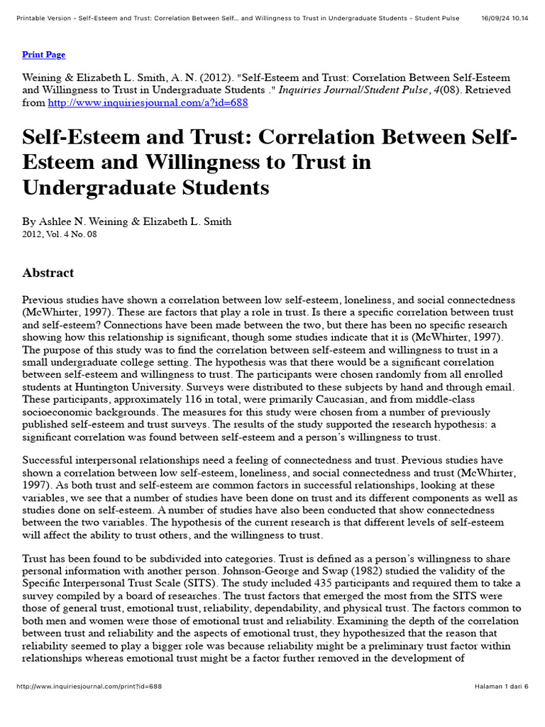 Self-Esteem and Trust Correlation Between Self Esteem and Willingness ...