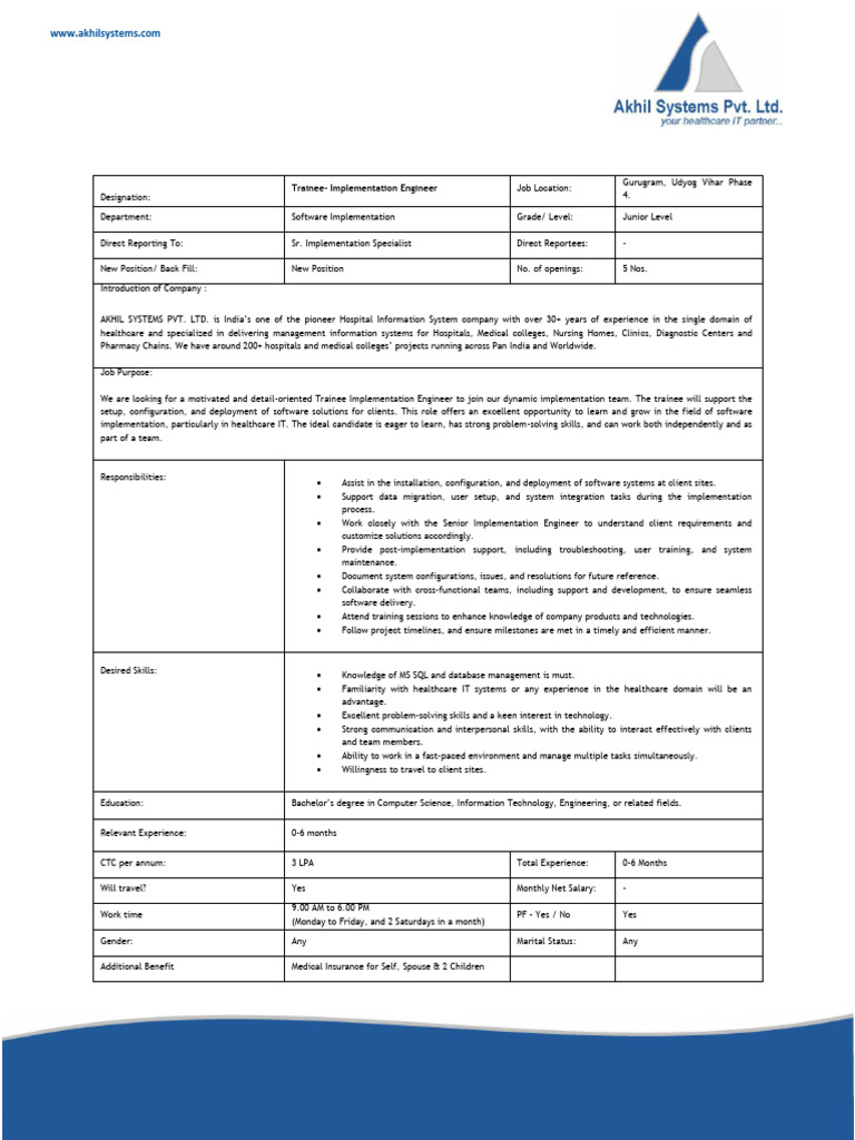 JD Trainee Implementation Engineer | PDF | Computing | Career & Growth