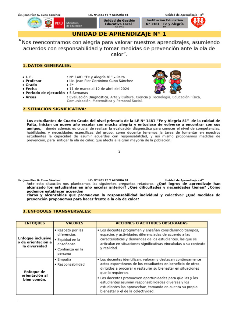 Unidad de Aprendizaje #1 - 4° Grado | PDF