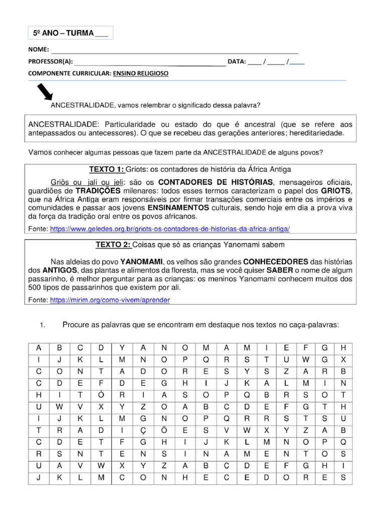 Atividade Ensino Religioso 5º Ano | PDF