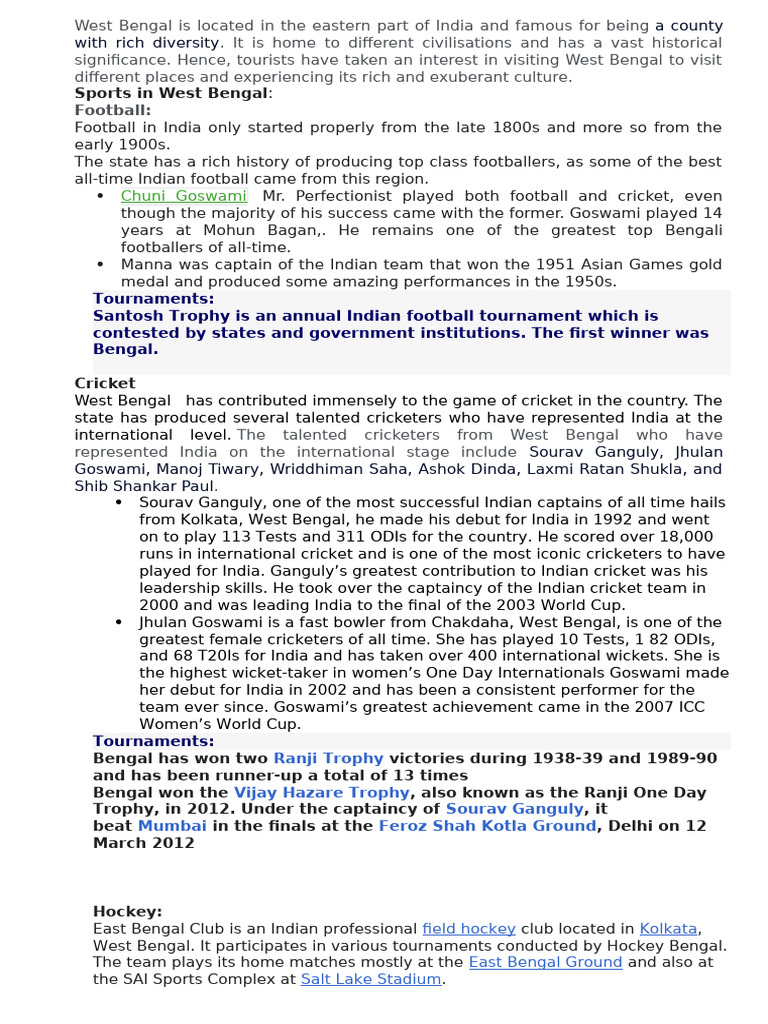 Sports in West Bengal | PDF | Ball And Bat Games | Cricket