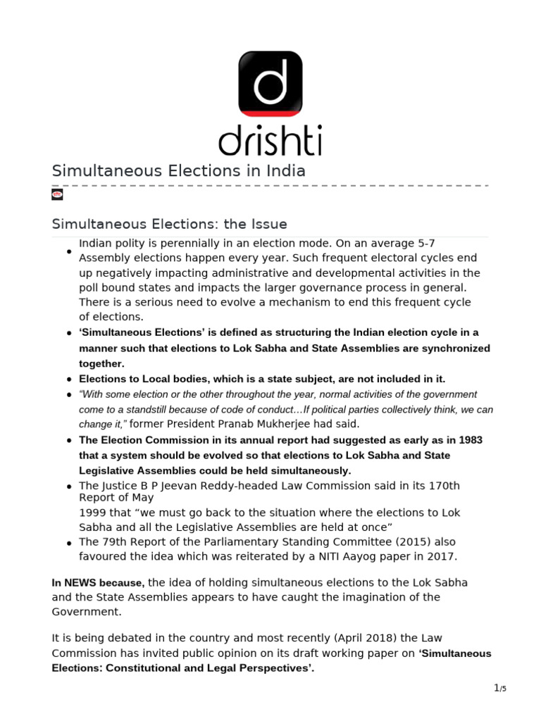 Simultaneous Elections in India | PDF