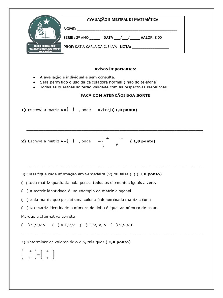 Prova 2 Ano Matrizs | PDF