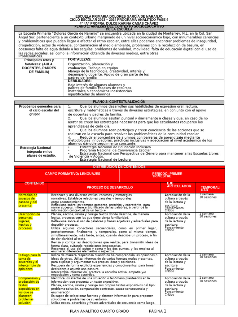 2023 - 2024 Plan Analítico Fase 4 Cuarto Grado Final | PDF