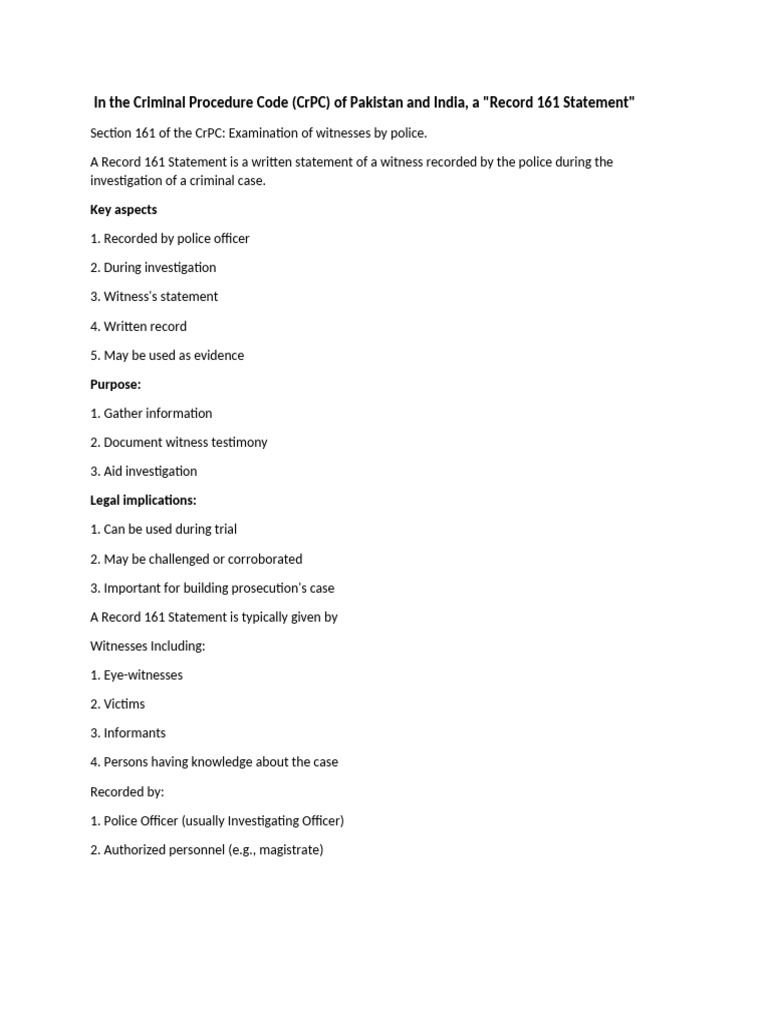 Understanding Record 161 Statements in CrPC | PDF | Arrest | Bail