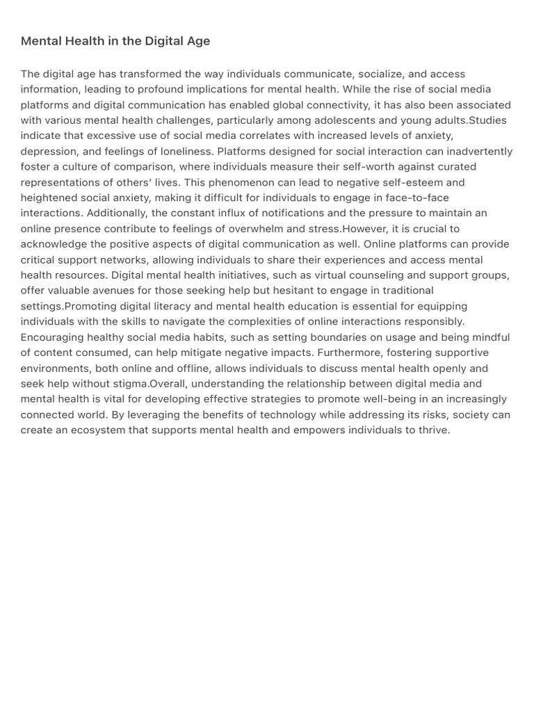 Mental Health in The Digital Age | PDF