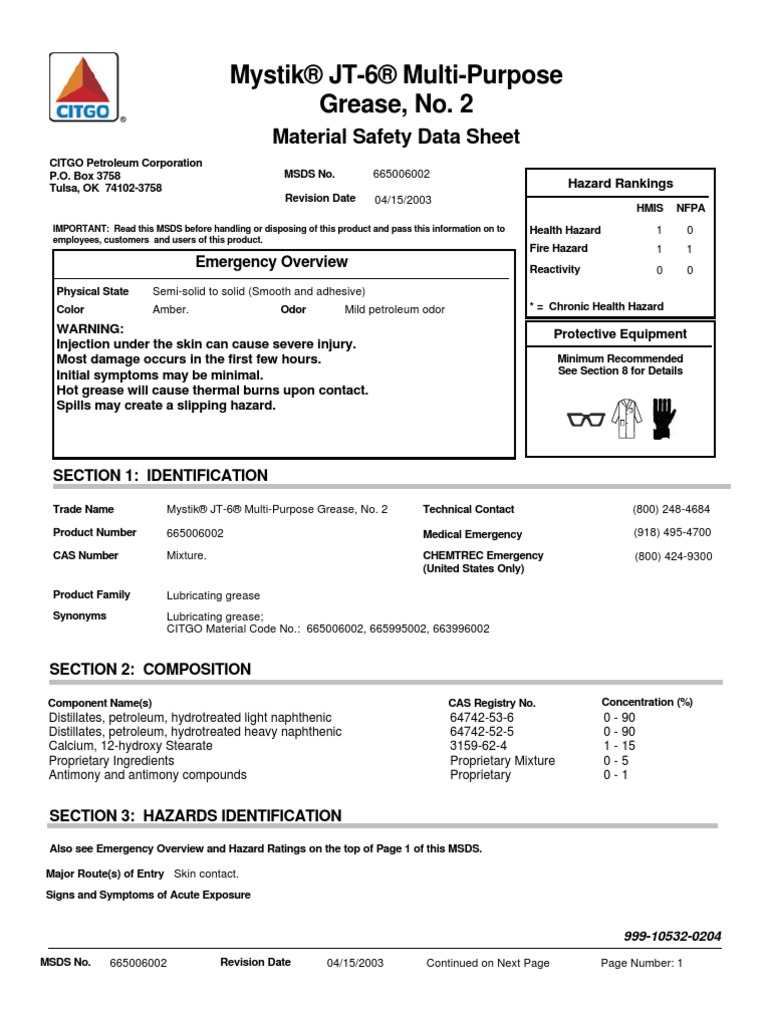 citgo-mystik-jt-6-no-2-lube-318-10532-personal-protective-equipment