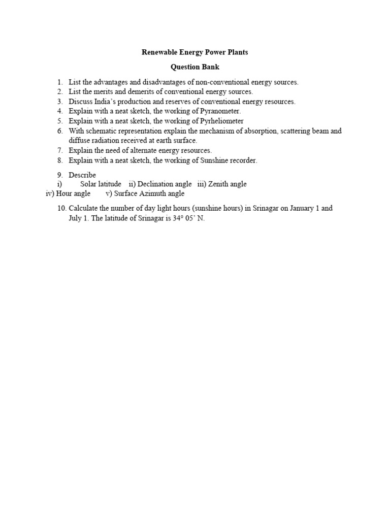 Renewable Energy Power Plants - Question Bank | PDF