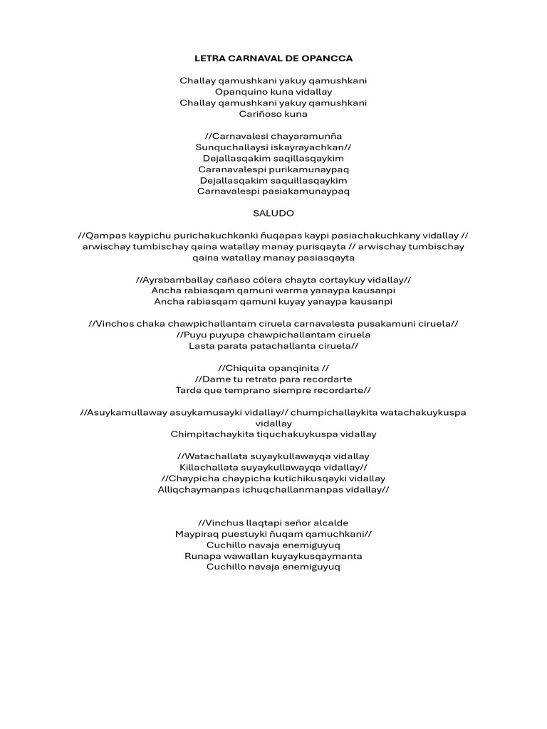 Letra de Carnaval de Opacca | PDF