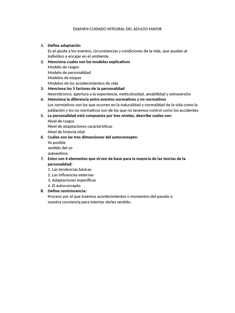 Examen Cuidado Integral Del Adulto Mayor | PDF