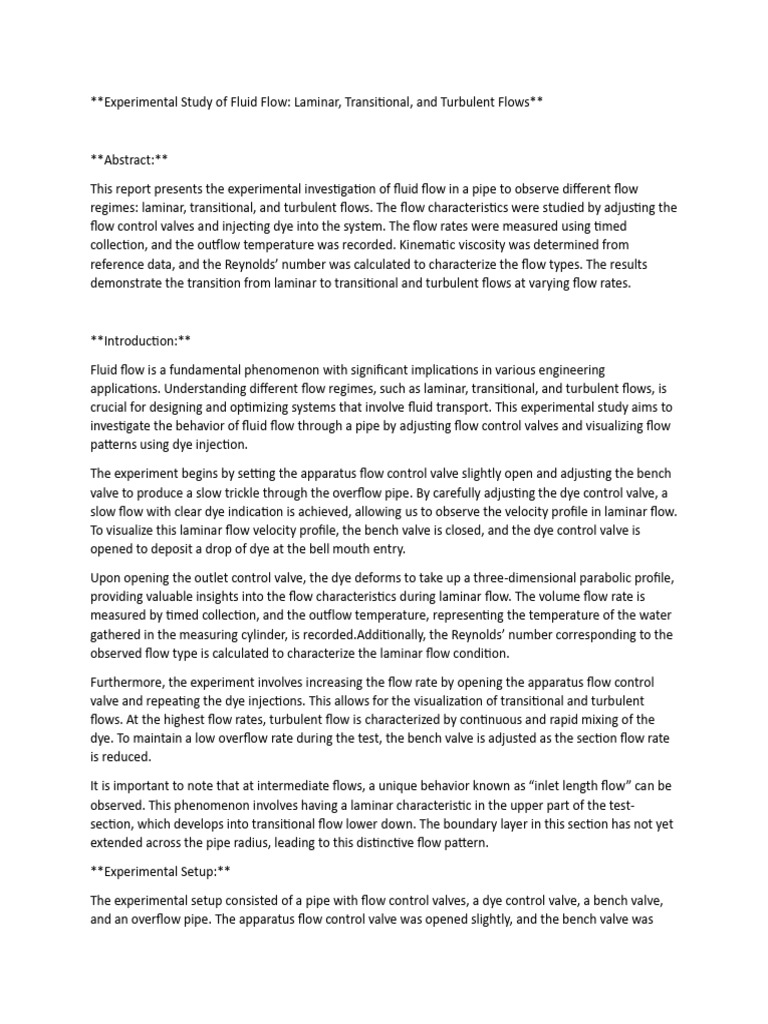 Experimental Study Of Fluid Flow Laminar Transitional And Turbulent