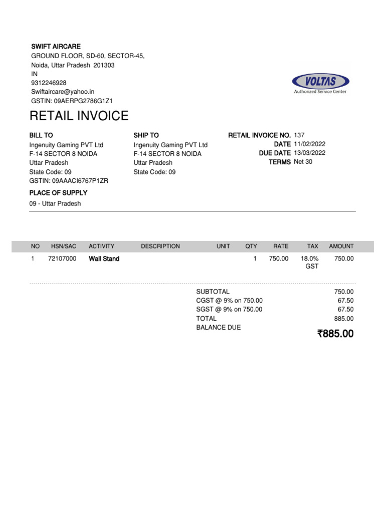 Retail Invoice: Swift Aircare | PDF