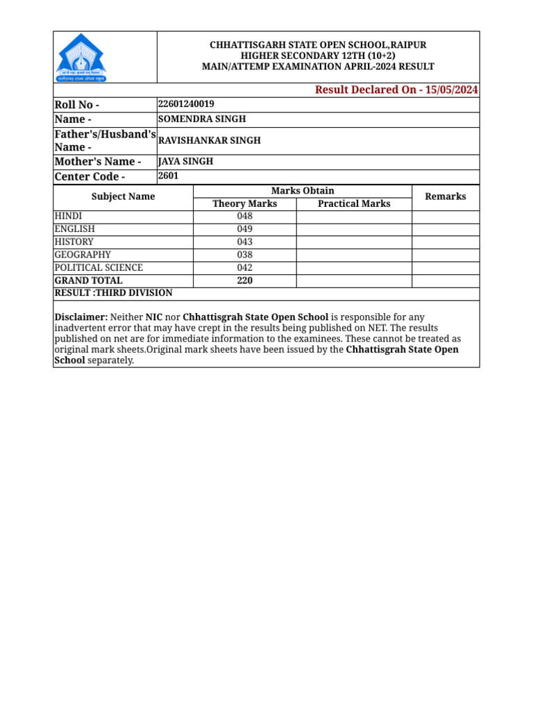 12th Result - 1 | PDF