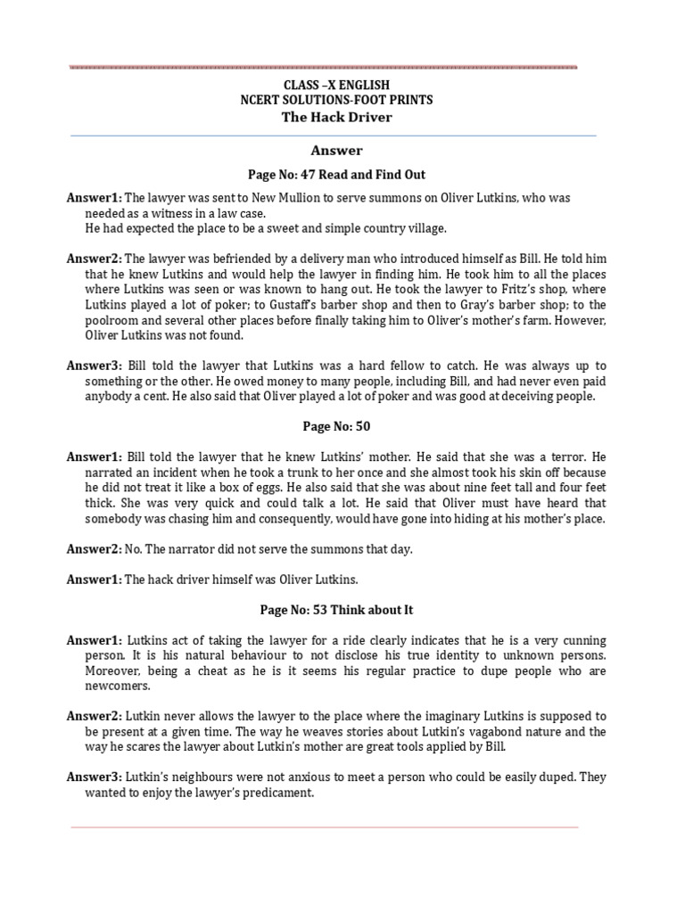 Solutions NCERT : The Hack Driver | PDF