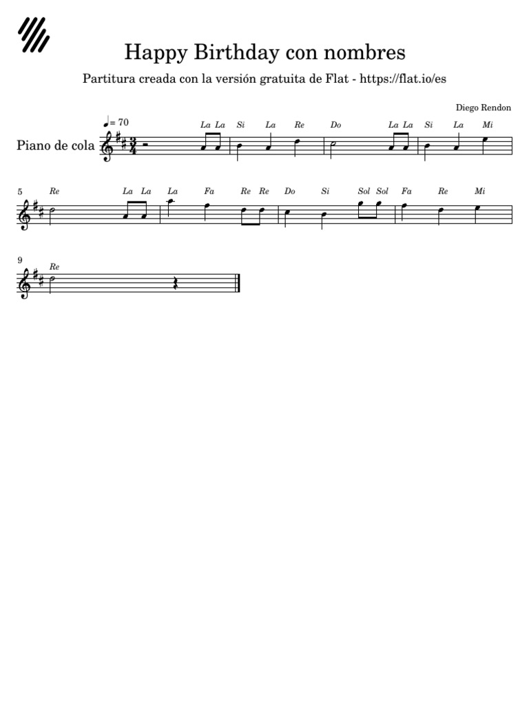 Partitura de Cumpleaños Feliz para grabadora con notas en colores para facilitar la lectura