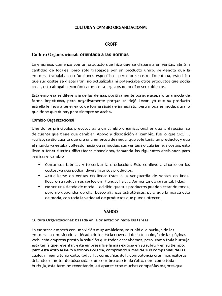 Cultura y Cambio Organizacional | PDF