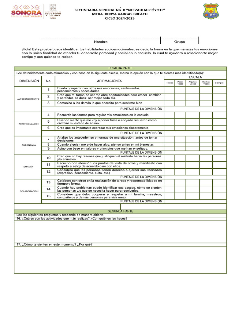 Test Socioemocional 2024 Segundo Grado | PDF | Las emociones ...