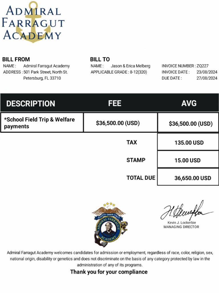 Admiral Farragut Academy Invoice | PDF