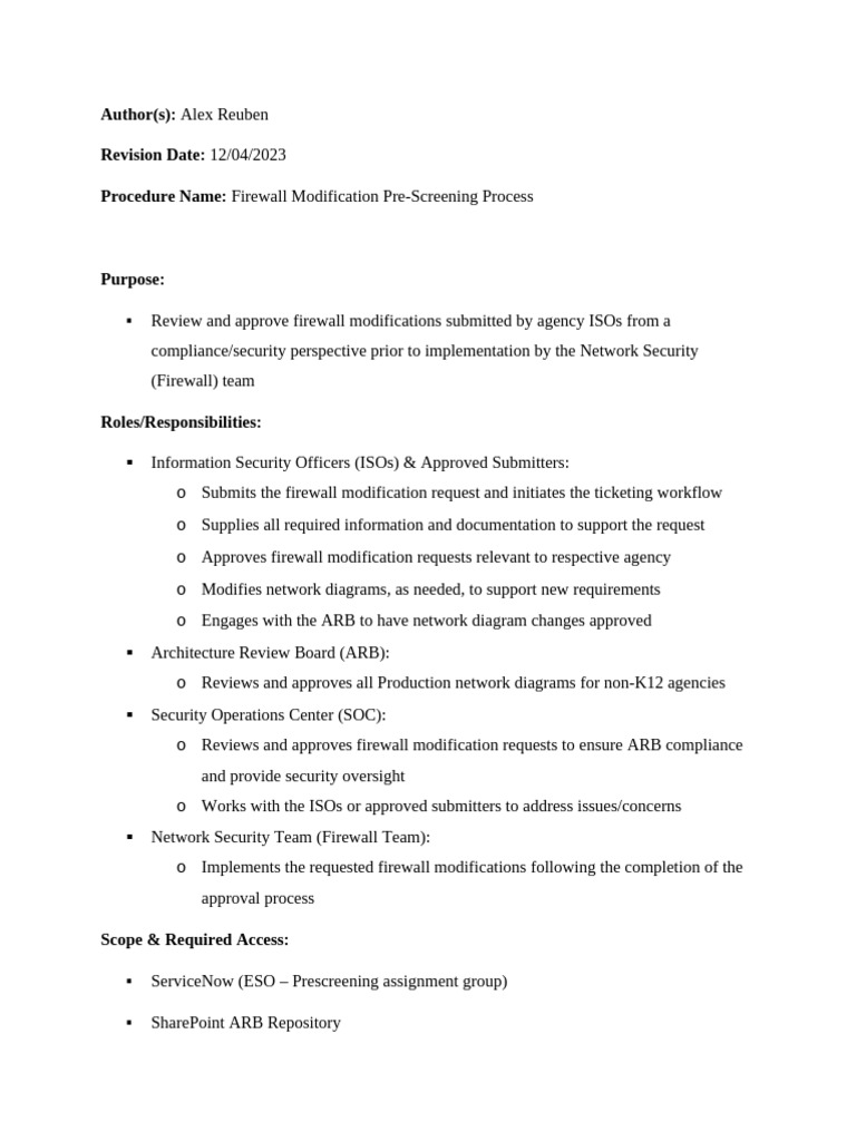 Firewall Modification Pre-Screening Process 1 | PDF