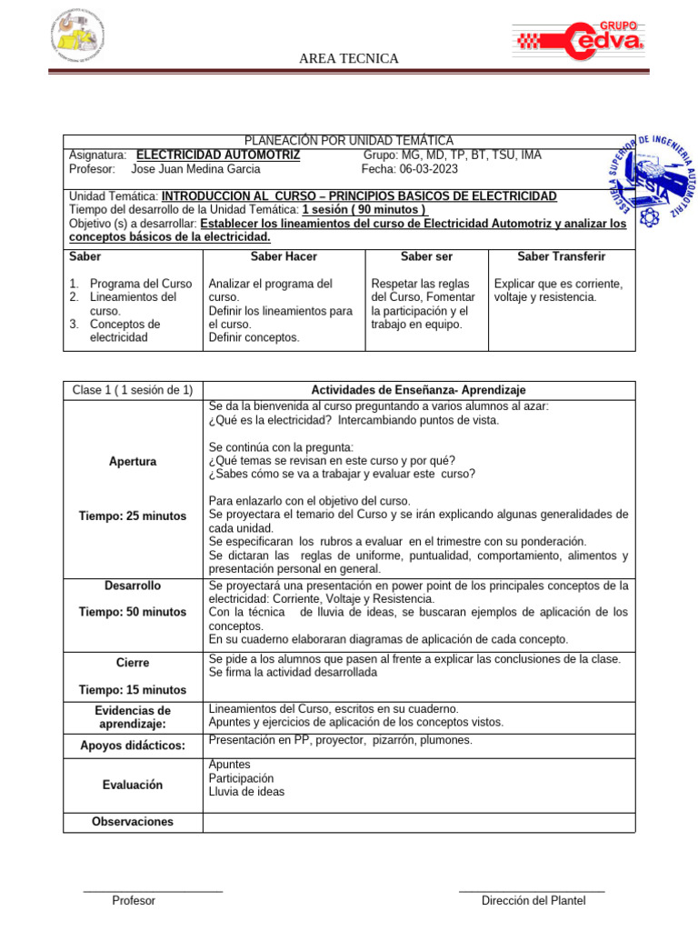 C Plan Clase de Electricidad | PDF