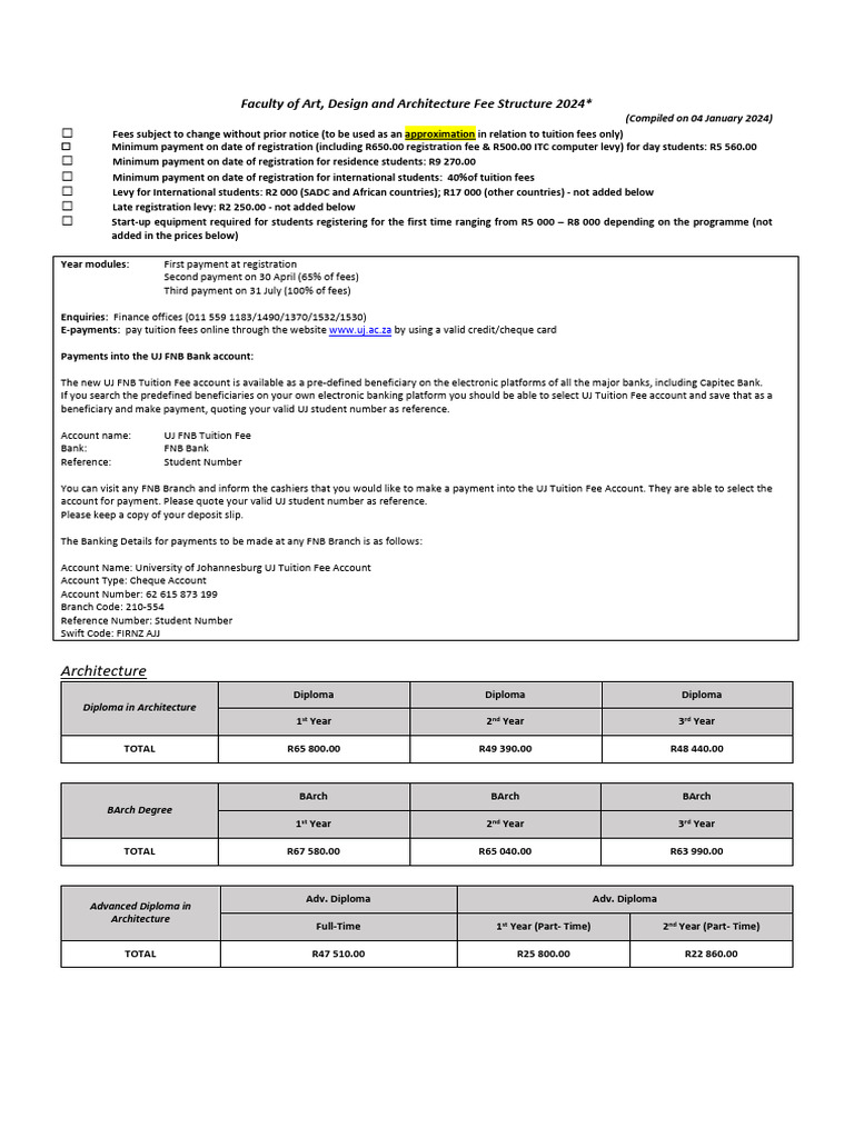 UJ Art and Design Tuition Fees 2024 | PDF | Payments | Banking