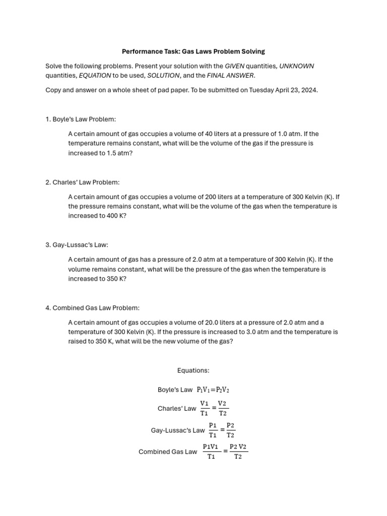 Performance Task in Gas Laws | PDF