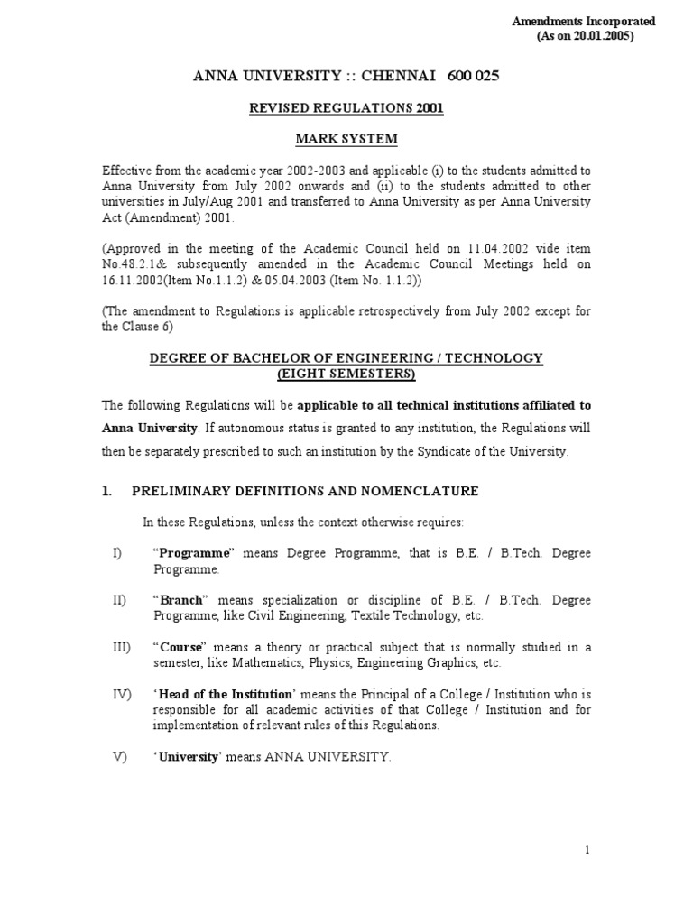 Anna University B.Tech Regulations 2001 | PDF | Engineering | Test ...