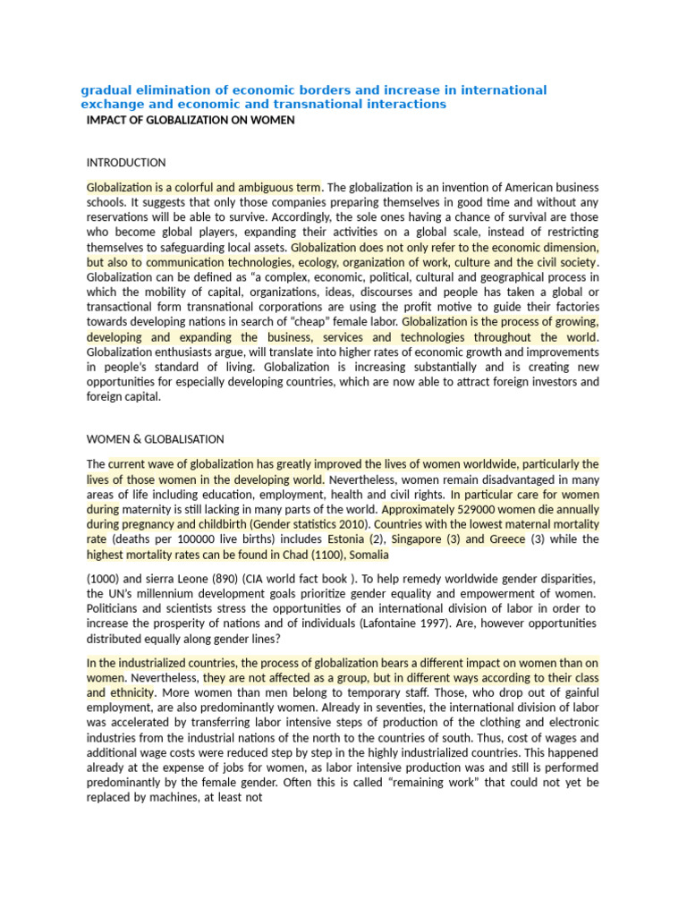 Impact of Globalisation On Women | PDF