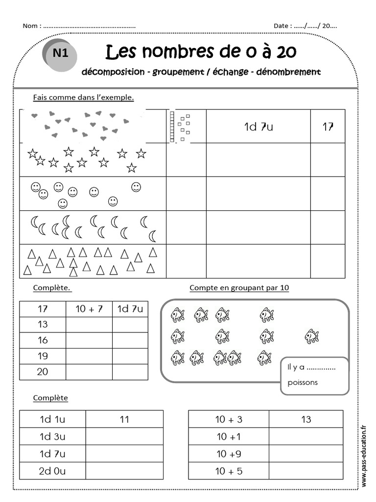 Nombres de 0 À 20 Ce1 Exercices Décomposition Groupement Échange ...