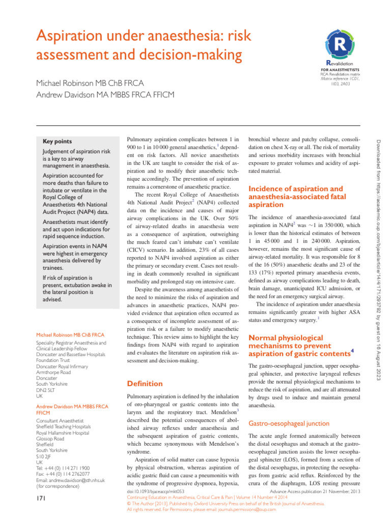 Aspiration Risks in Anesthesia | PDF | Esophagus | Anesthesia