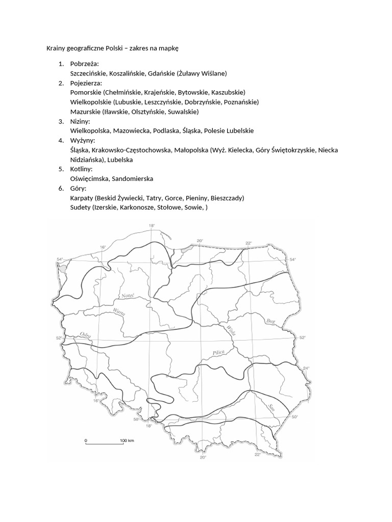 Krainy Geograficzne Polski - Zakres Na Mapkę | PDF